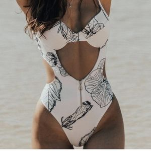 White tropical print monokini